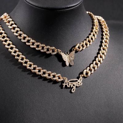 China Wholesale TRENDY Butterfly Bling Crystal Iced Out Cuban Link Jewelry Hip Hop Fashion Pendant Necklace For Women Girls for sale