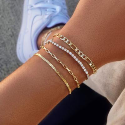 China Trendy Hip Hop Adjustable Jewelry Fashion Shiny Bling Crystal Tennis Chain Bracelets 14k Gold Plated Cuban Figaro Chain Bracelet for sale