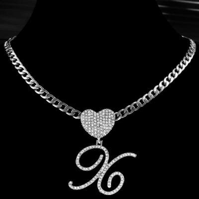 China Wholesale TRENDY Crystal Cursive Letters Heart Pendant Jewelry 14k Gold Plated Stainless Steel Chain Twisted Cuban Initial Necklace for sale