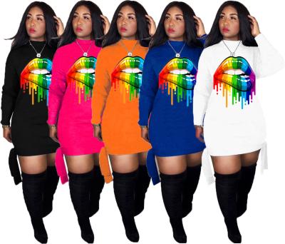 China Breathable casual leisure long sleeve loose rainbow lips printing cartoon in clothes bandage women dresses fall dresses plus size dress for sale