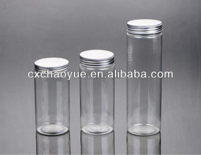 China Pet Food Clear Round Empty Cans For Food Plastic Box With Metal Top Lid for sale