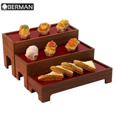 China Fashion restaurant equipment wedding decoration cake display food wood stands buffet for sale