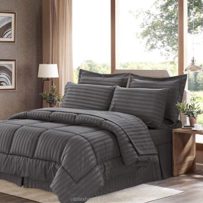 China Disposable 100% Polyester Microfiber 8 Piece Comforter Set Bag With Dark Gray Embossed Stripes for sale