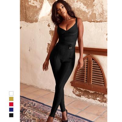 China 2021 Summer Spandex Label Breathable Black Bandage Lucky Bodycon V Neck Sleeveless Jumpsuit For Woman for sale