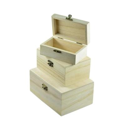 China Handmade Unfinished Craft Jewelry Storage Box Wooden Treasure Chest Box With Lid Storage Hinged Handmade Wooden Crate for sale