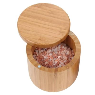 China Sustainable Round Bamboo Wooden Salt Pot Salt Jar And Spices Storage Container Box With Magnetic Lock for sale