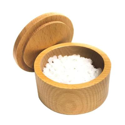 China Sustainable Wooden Round Containers Salt Boxes With Lids Dippers Storage Tray Beech Wooden Salt Box for sale