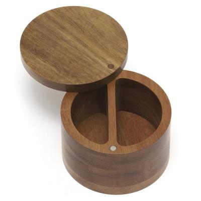 China Sustainable Round Wood Box Acacia Salt Tube Spice Box Wooden Acacia Wood Split Spice Box With Swivel Cover for sale