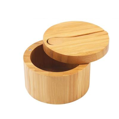 China Sustainable Bamboo Salt Box with Mini Spoon Kitchen Salt Pepper Spice Cellars Storage Container with Magnetic Swivel Lid for sale