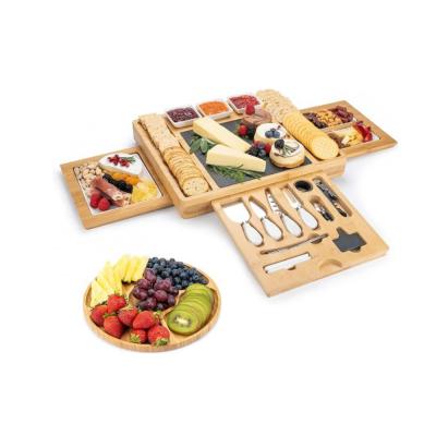 China Sustainable Cheese Serving Board with Tray Wooden Cheese Platter Set Round Bamboo Charcuterie Board for sale