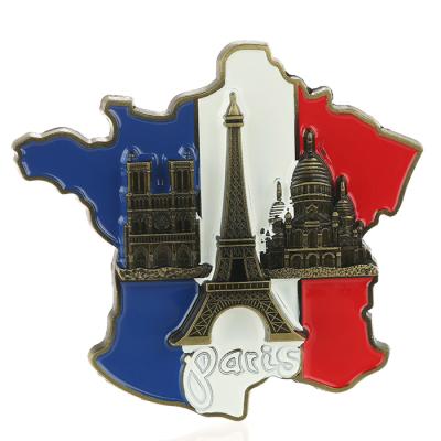 China Embossed Shape Great Price Flag Metal Map French Fridge Magnet With Eiffel Tower for sale