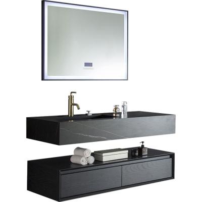 China 2020 Best Selling Modern Black Color Wall Hung Agglomerated Stone Bathroom Vanity Sink Cabinet Set With LED Mirror for sale