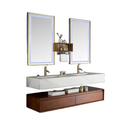 China Modern Luxury China Led Floating Mirror Double Vanity Bathroom Cabinets Solid Wood for sale