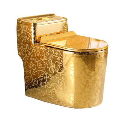 China Double-flow Gold Color Toilet Bowl Bathroom Strap Ceramic One-piece Toilet Golden Toilet Seat for sale