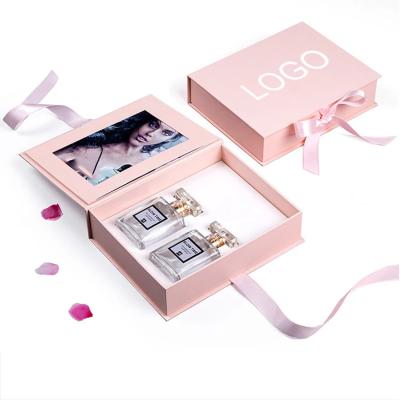 China Pink Skin Care Packaging Box Book Shaped Cosmetic Gift Box Magnetic Paper Box For Skin Care Cosmetic Bottles With Insert for sale