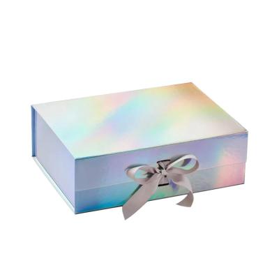 China Custom logo Hologram Gift Box With Ribbon Closure Holographic Packaging Folding Reflective Paper Box For Cosmetic for sale