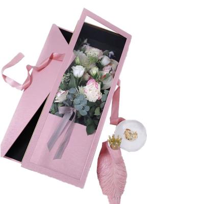 China Valentine Day rose boxes flower packaging  kraft paper box pvc window black flower bouquet box with ribbon for sale