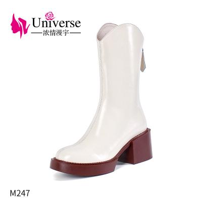 China M247 Fashion Genuine Leather Square Heel Breathable Winter High Knee Big Round Toe Women Winter Boots for sale