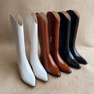 China High Quality Genuine Leather Women Boots Chunky Heel Pointed Boots Ladies Universe K335 Waterproof Factory Handmade Fashion Long for sale