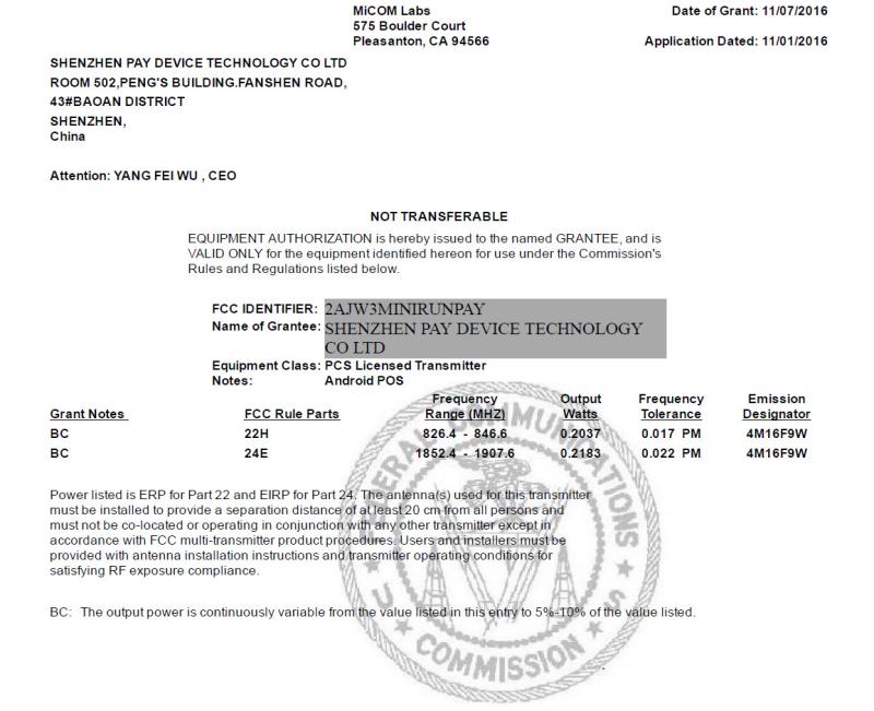 FCC - ShenZhen Pay Device Technology Co.,Ltd 