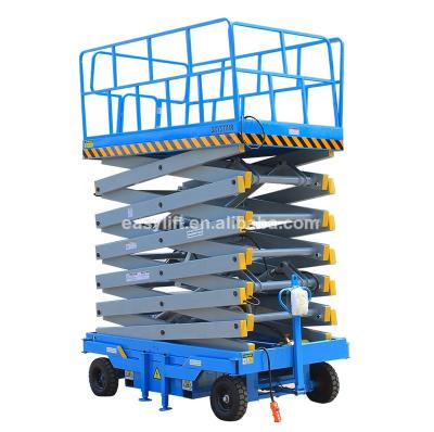 China Material Handling / Man Lifting / Overhead Working Terrain 10m Scissor Lift With Forklift Hole 4 Wheels Construction Oriented Mobile Scissor Lift for sale