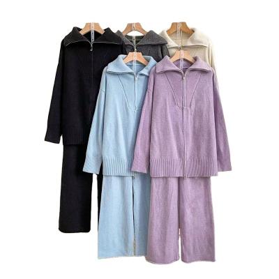 China Sustainable Twin Set Customize Casual Ladies Long Pants Suit Knitted Women Sweater Sets for sale