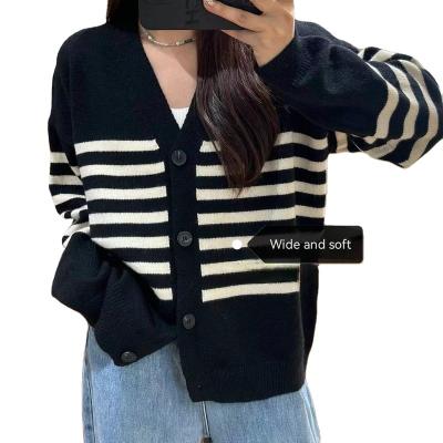 China Anti-wrinkle Autumn Winter V-Neck Straight Ladies Striped Sweaters Tops Full Sleeve Loose Female Knitted Cardigan Sweater for sale