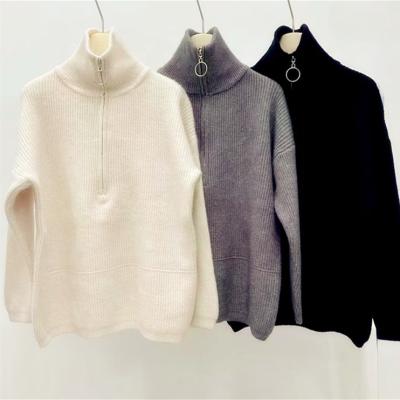 China High Quality Anti-wrinkle Winter Zipper Collar Lapel Slouchy Casual Sweater Half Knitted Sweater for Women for sale