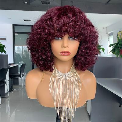 China Super Virgin Hair Curly Double Curly 12a Raw Curly Wig Pulled Bangs Short Bangs Curly Hair Wig For Black Women for sale