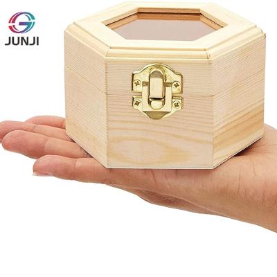 China China Unfinished Hexagon Wood Jewelry Box With Window Home Decor With Slide Top Wooden Gift Ring Box for sale