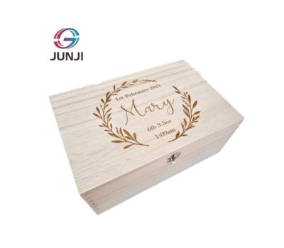 China JUNJI Handmade Unfinished Wooden Baby Memory Keepsake Box Personalized Engraved Wooden Keepsake Box Wedding Memory for sale