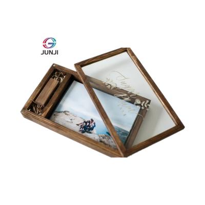 China JUNJI 4*6 Handmade Wooden Photo Box 15x10cm Photo And USB Glass Box For Photo Packing With Compartment For USB for sale