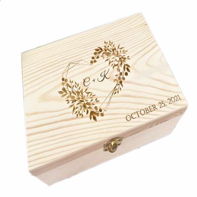 China Europe JUNJI Wood Memory Box Rustic Wooden Keepsake Box Personalized Engraved Wooden Gift Box Wedding Memory Chest for sale