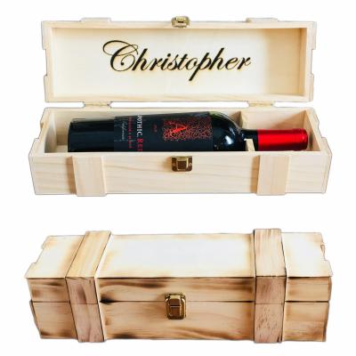 China JUNJI Burnt Wood Wine Storage Handmade Box Personalized Olive Wood Single Bottle Box Handmade Engraved for sale