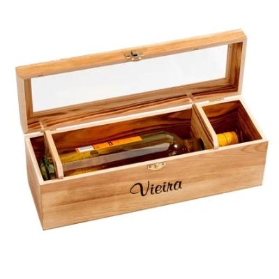 China JUNJI Wood Hinged Transparent Cover Hotel and Resort Wine Box Carrier Business Gift Wooden Wine Keepsake Box Engraved Simple Wooden Wine Box for sale