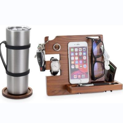 China Wooden Phone Docking Station Engraved Nightstand Organizer Cup Mat Phone Docking Station Key Holder Wallet Holder Flexible Watch Organizer for sale