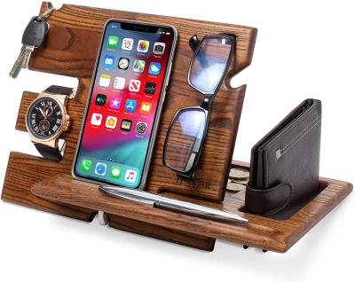 China JUNJI Wood Phone Docking Station Ash Key Holder Wallet Watch Organizer Men Gift Video Game Player Stand for sale