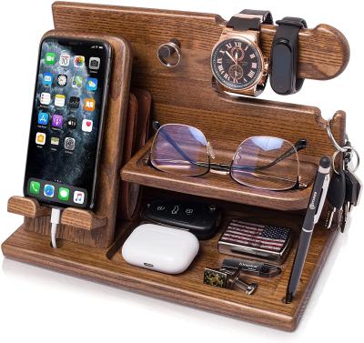 China JUNJI Wood Phone Docking Station Game Player Pin Key Holder Wallet Holder Watch Organizer Men Gift Tray for sale