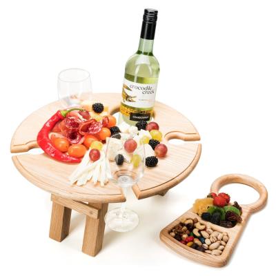 China JUNJI Outdoor Table Handy Wine Easy Picnic Table with Foldable Wine Tray Wooden Wine Portable 4 Glass Holders for sale