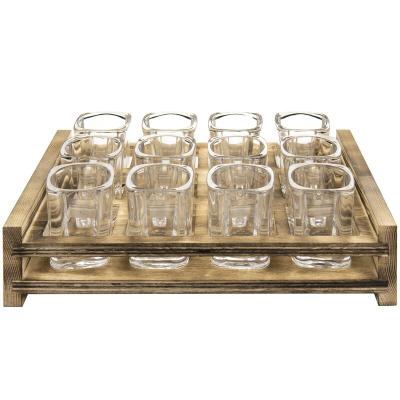 China JUNJ Rustic Stocked Party Shot Glass Flight Sample Sampler with Chalkboard Label and Wooden Bar Shot Glass Holder Serving Tray Set for sale