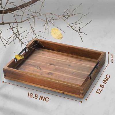 China JUNJI Wooden Tray With Handles Unique Wedding Gift For Couples Ottoman Tray Wood Breakfast Tray Custom Size Accepted for sale