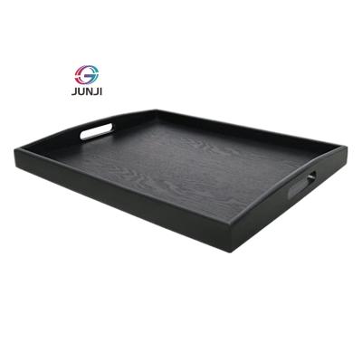 China JUNJI Serving Large Black Wood Rectangle Food Tray Butler Tray Breakfast Tray With Handles Custom Size Accepted for sale