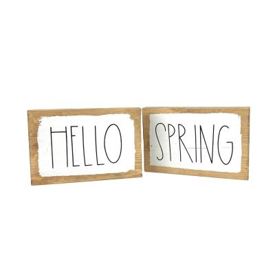 China Europe JUNJI Home Decor Wood Block Hello Spring Customized Blank Sign Easter Holiday Decor Wood Sign for sale