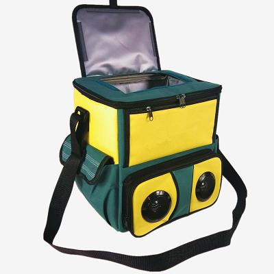 China Front Packet 600D Polyester PEVA Insulated Open Inner Insulated Long Shoulder Strap Insulated Ice Lunch Cooler Bag With Two Speaker for sale