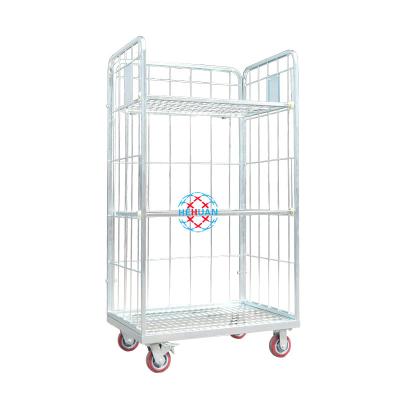 China Professional Galvanized 3 Doors Metal Cargo Turn Table Trolley Cart Logistics Cage Trolley for sale