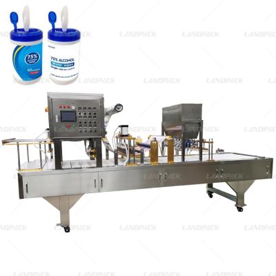 China Full Automatic Food Alcohol Disinfecting Wet Paper Towel Tissue Can Bottle Filling Aluminum Foil Gasket Machine for sale