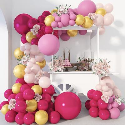 China Environmental Friendly Hot Pink Bridal Gold Shower Decorations Birthday Party Metallic Double Stuffed Pink Balloon Garland Kit for sale