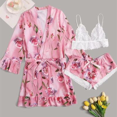 China QUICK DRY Pattern Nightgown Flower Print Long Robe Silk Kimono 3 Piece Set Sleepwear Set Ladies Pajamas for sale