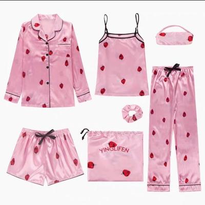 China Cute Strawberry QUICK DRY Silk Pattern Strap Nightgown Long Sleeve Sleepwear Women Pajamas Set for sale