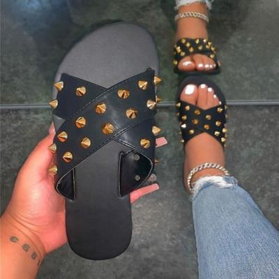 China Fashion Trend 2021 Summer Women PU Leather Slides Rivet Upward Lady Shoes Flat Sandals Flip Flops Slippers Shoes for sale